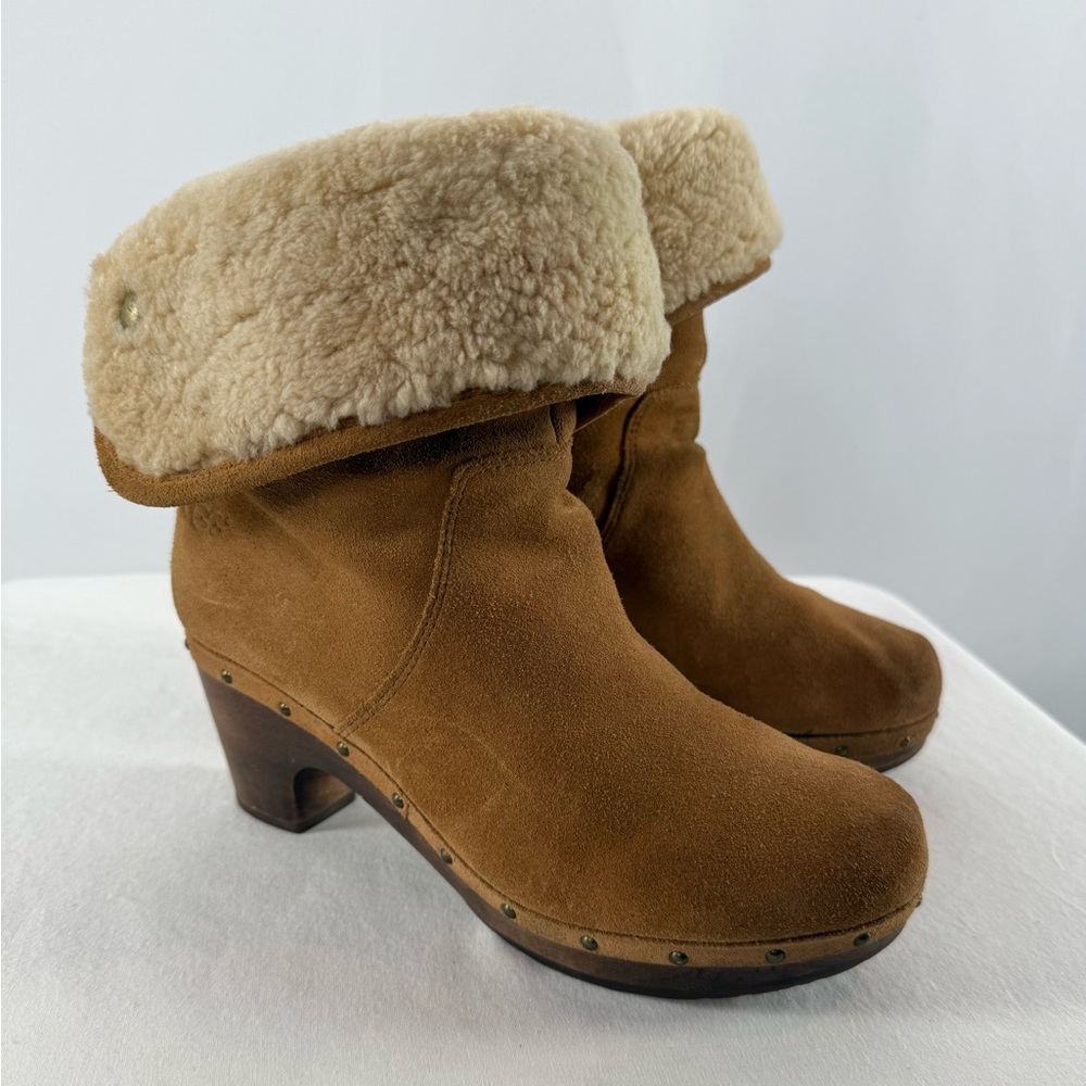 UGG Lynnea Fold Over Suede Shearling Clog Boot in Brown Size 7